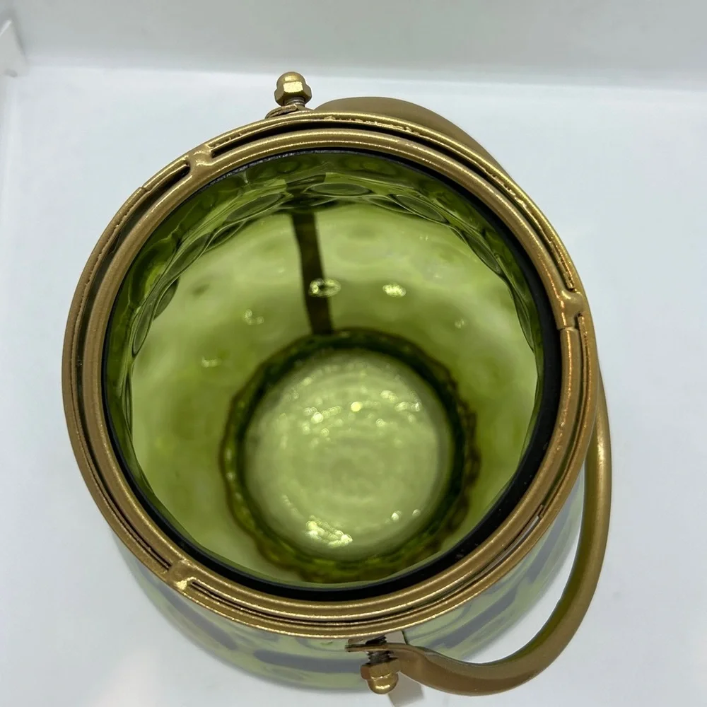Green Glass With Gold Metal Handle Candle Holder 11” Decor